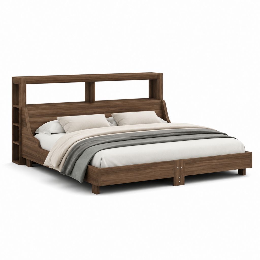 Lit double 160 x 200 cm brun noyer en MDF plaqué avec tête de lit étagères intégrées