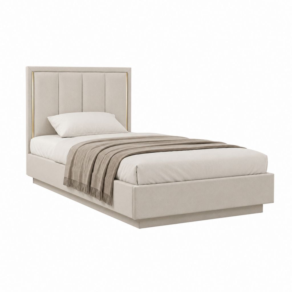 Cadre de lit une place beige capitonné en polyester rectangulaire 90 x 190 cm