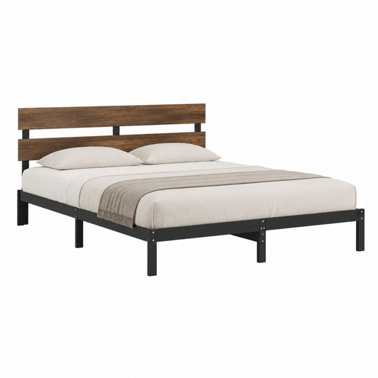 Cadre de lit double 160 x 200 cm noir et brun en acier et MDF