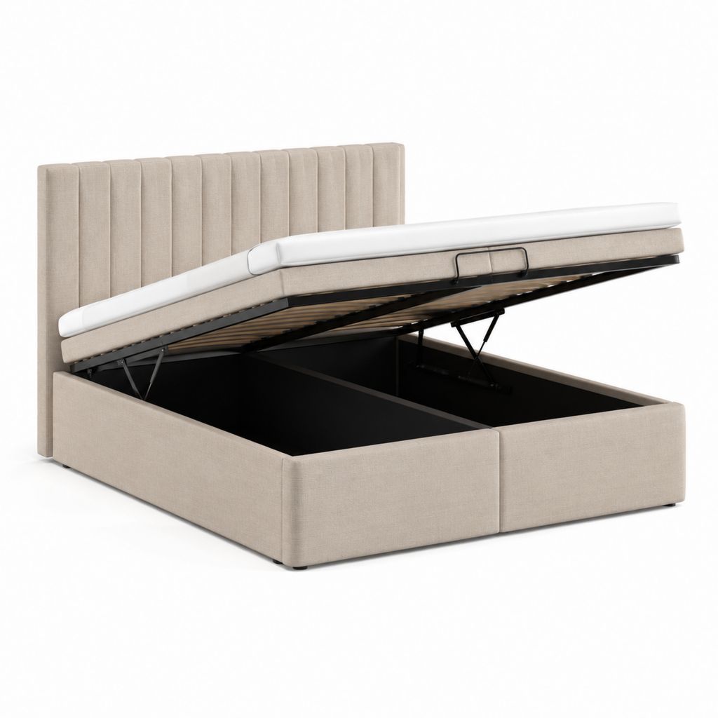 Lit coffre 160 x 200 cm beige en polyester avec tête de lit capitonnée et sommier relevable