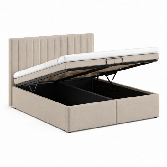 Lit coffre 160 x 200 cm beige en polyester avec tête de lit capitonnée et sommier relevable