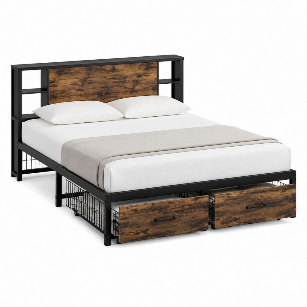 Lit double 160 x 200 cm avec rangement noir et décor chêne rustique en acier et MDF