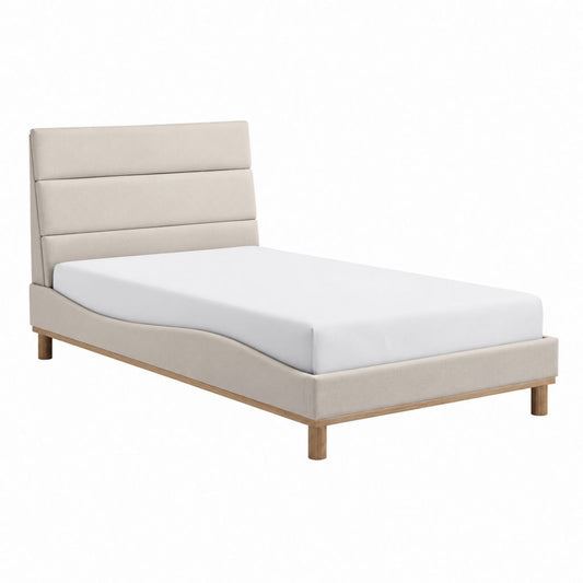 Lit double 140 x 190 cm beige en polyester avec tête de lit capitonnée et pieds en bois massif