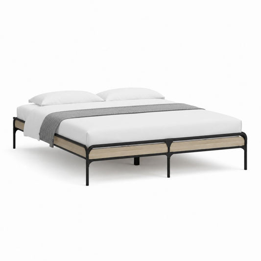 Cadre de lit double 160 x 200 cm noir et chêne clair en acier et panneaux MDF
