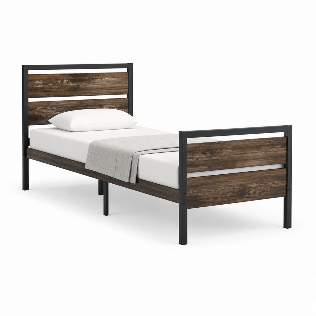 Cadre de lit simple 90 x 190 cm noir et brun foncé en acier et panneaux MDF