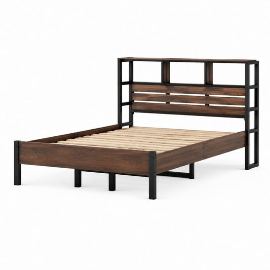 Cadre de lit double 160 x 200 cm brun foncé en acier et panneaux MDF avec tête de lit haute