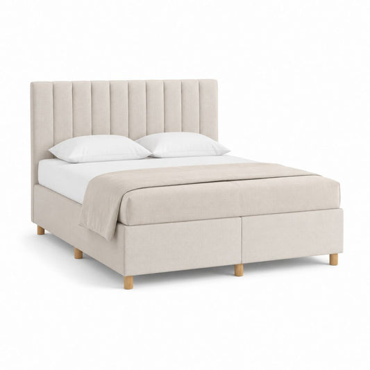 Lit double 160 x 200 cm beige en polyester avec tête de lit capitonnée