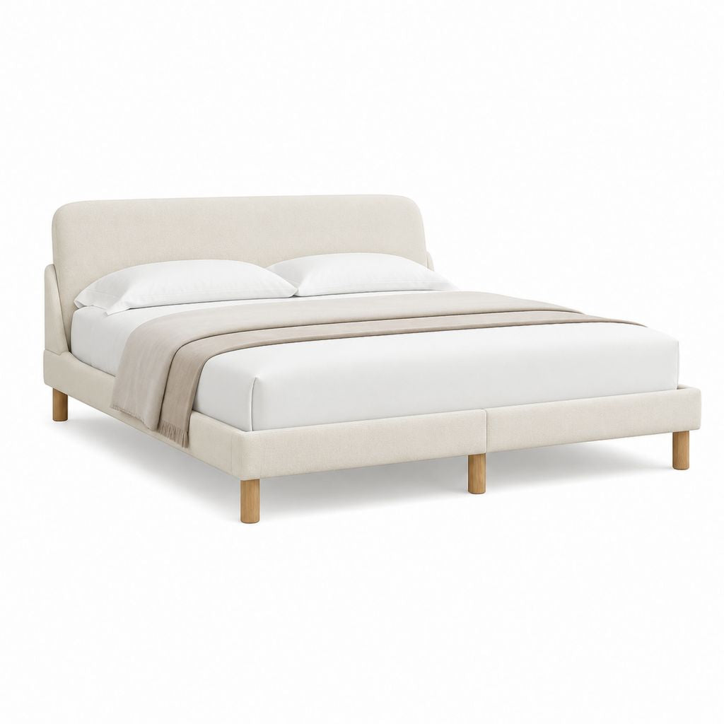 Cadre de lit double 160 x 200 cm beige en polyester avec pieds en bois massif