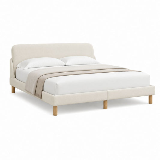 Cadre de lit double 160 x 200 cm beige en polyester avec pieds en bois massif