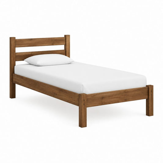 Lit simple en bois massif marron 90 x 190 cm avec cadre et tête de lit