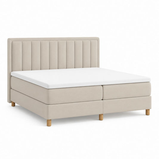 Lit boxspring beige en polyester avec tête de lit capitonnée 160 x 200 cm