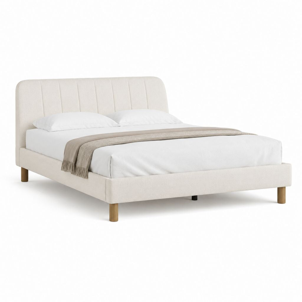 Lit double avec cadre et tête de lit capitonnée beige en polyester 160 x 200 cm