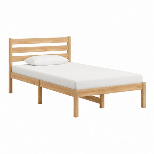 Lit simple en bois massif naturel 90 x 190 cm avec tête de lit à lattes