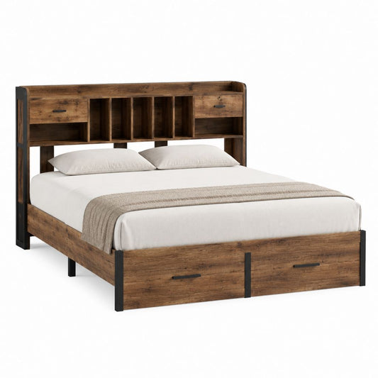 Lit double 160 x 200 cm avec tête de lit rangement et tiroirs brun foncé panneaux de particules