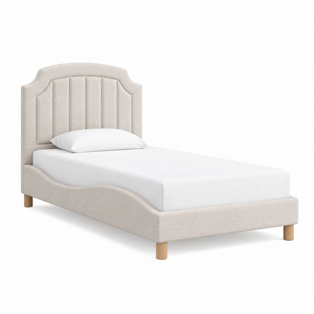 Lit simple capitonné beige en polyester avec tête de lit à panneaux 90 x 190 cm
