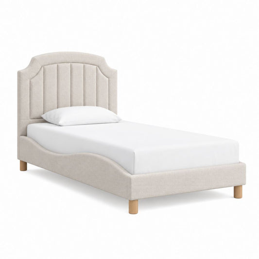 Lit simple capitonné beige en polyester avec tête de lit à panneaux 90 x 190 cm
