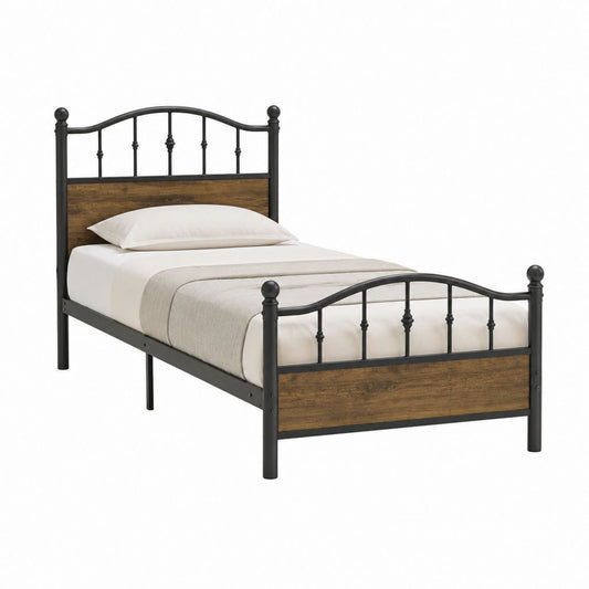 Lit simple 90 x 190 cm noir et brun en acier et panneaux MDF avec cadre de lit