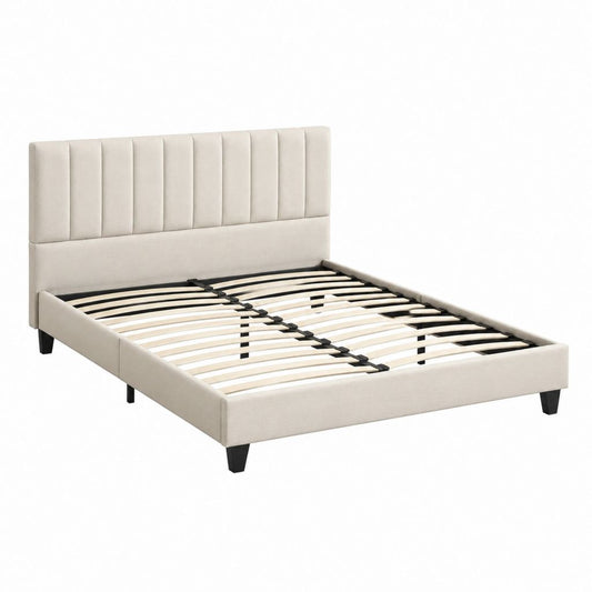Lit adulte 160 x 200 cm beige en polyester avec sommier à lattes et tête de lit capitonnée