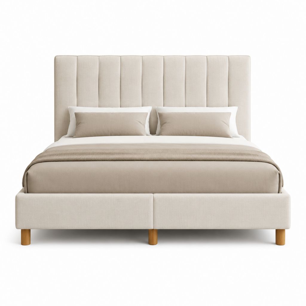 Lit double avec cadre de lit beige en polyester et pieds en hêtre massif 160 x 200 cm